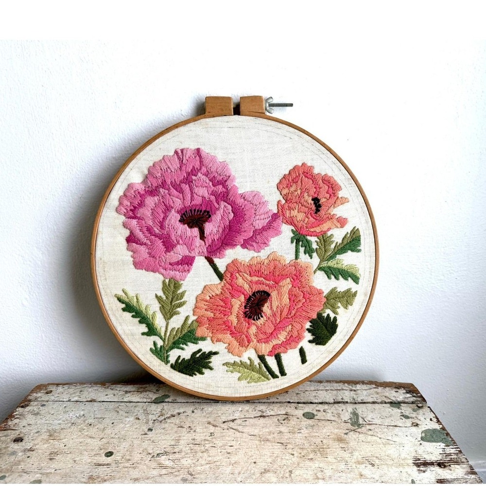 Vintage Handmade Floral Embroidery Hoop Wall Art 14" - Picture 1 of 6